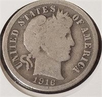 1916 silver Barber dime