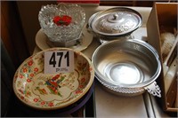 PEWTER SERVING DISHES,PATTERN GLASS BOWL & MISC.