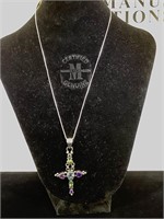 Sterling & Gemstone cross pendant & chain, 18 in.