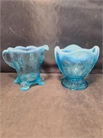 Blue Opalescent Creamer And Dugan Sugar Bowl x2