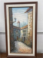 framed art, old world court yard , signed