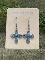 Blue Opal Sterling Silver Drop Cross Earrings