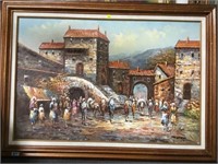 FRAMED OIL ON CANVAS, VILLAGE SCENE