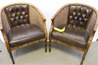 Pair of Leather & Cane Rattan Chairs