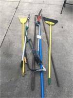 Miscellaneous yard tools, limb trimmer, brooms