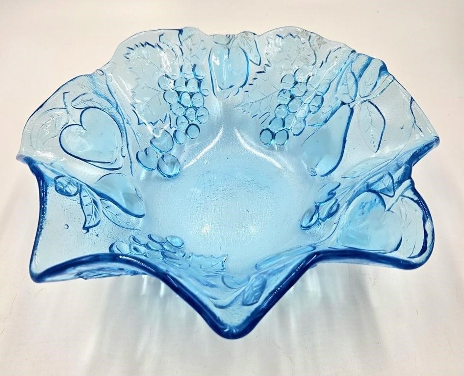 Ice Blue Ruffled Rim Glass Fruit Bowl
