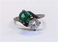 . 800 Silver & CZ, Green Stone Ring