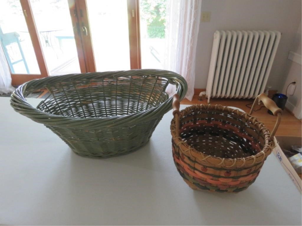 2 WOVEN BASKETS ( ONE BIG GREEN AND ONE BROWN