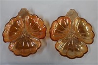 Two carnival glass 3-section dishes, 6"