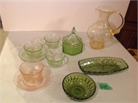 depression glass pitcher & dishes