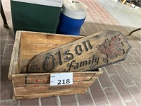 WOOD CRATE AND OLSON FAMILY SIGN