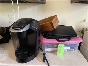 Coffee Maker, Tables, & Totes of Art Supplies