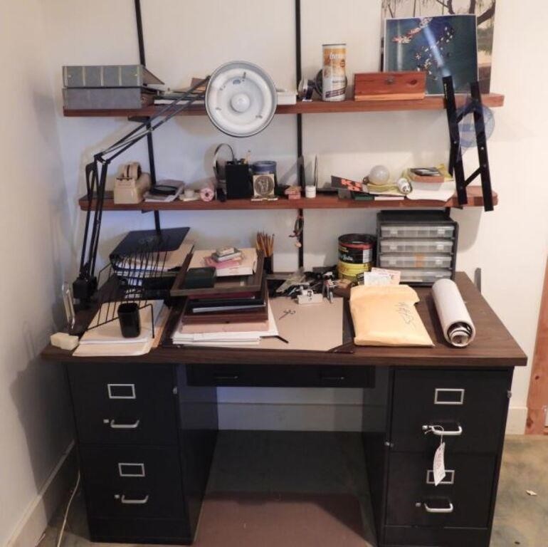 Vintage office desk and supplies to include: