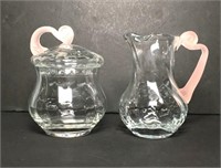 Swirled Pattern Glass Creamer & Sugar with Pink