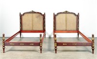 Pair of Red & Gilt Wood & Cane Back Twin Beds