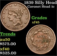 1839 Silly Head Coronet Head Large Cent 1c Grades