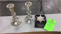Sterling silver candlesticks and ornament
