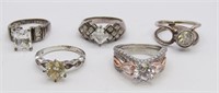 (5) STERLING SILVER RINGS, CLEAR STONES