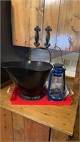 Coal bucket, blue oil lamp, red tray