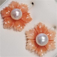 $120 14K  Fresh Water Pearl & Poly Coral 2 In 1 Ea