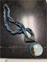 Blue Art Glass Rhinestone Pendant Necklace