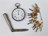 Cylinder Dioc Rubis Pocket Watch, Keys, Knife