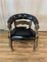 Antique Lion Carved Arm Black Leather Chair