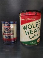 Skelly and Wolf's Head lubricant cans