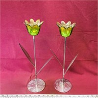 Pair Of Metal & Glass Tulip Candleholders