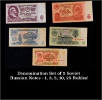 Denomination Set of 5 Soviet Russian Notes - 1, 3,