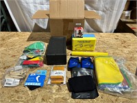 Box of assorted workout equipment & accessories