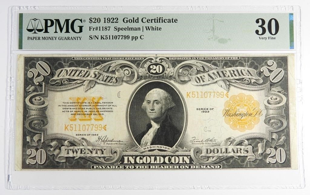 1922 $20 GOLD CERTIFICATE PMG 30