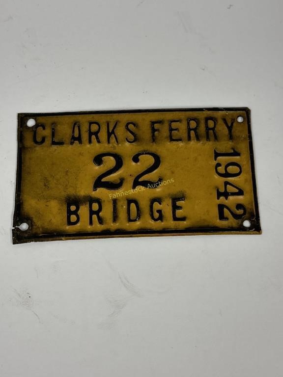 1942 Clarks Ferry Bridge No.22 metal license plate