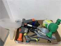 Tray Lot - Funnel, Sprayer Nozzles, Garden Tools