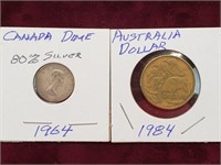 1964 Silver Canadian Dime - 1984 Australian Dollar