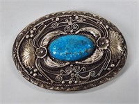 VINTAGE SILVER BELT BUCKLE W/ TURQUOISE