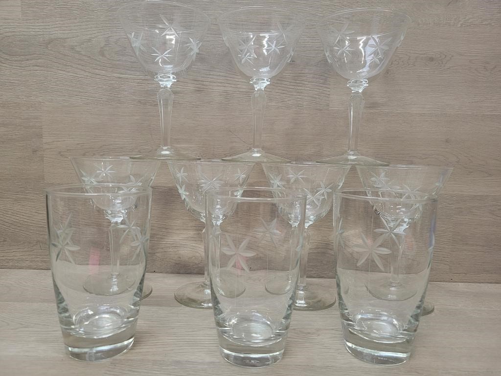 Libbey MCM Crystal 7 Wine Goblets & 3 Tumblers