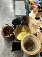 Assorted Items Metal Box, Planters, Wood Bucket