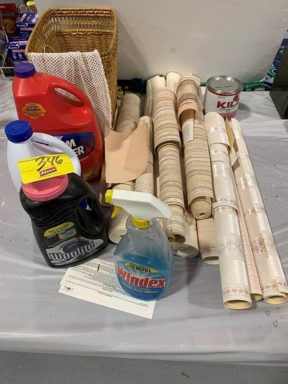 ROLLS OF WALLPAPER, GROUP OF CLEANING SUPPLIES,