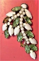 Green Glass & White Stones Brooch Pin