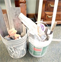 (2) PAILS OF DRYWALL TOOLS & (2) T-SQUARES