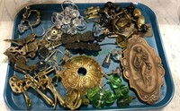 Tray lot of drawer pulls - glass knobs, a door