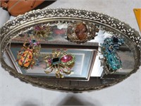 LARGE JEWELED INSECT BROOCHES & PLATEAU MIRROR