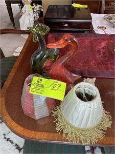 Group of decorative lamp shades and Glass Duck and