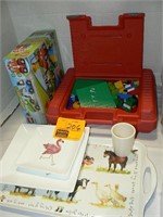LEGOS IN RED STORAGE BOX, DUPLO BLOCKS, FARM
