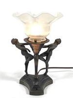 Metal Deco Lamp w 2 Figures, Opalescent Shade