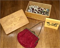 Wooden Box Of Spare Jewelry and Velvet Purse