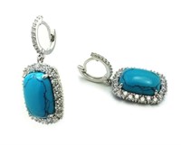 Silver Turquoise  Dangling Crystal Hoop Earrings