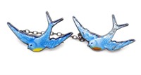 Silver and enamel Blue bird chained double brooch