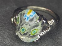 925 stamped Murano milaflori glass pattern ring